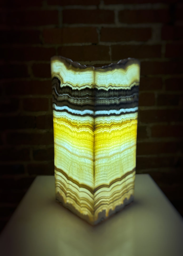 Medium Black, Grey + Yellow Zebra Calcite Rustic Edge Rectangle Lamp