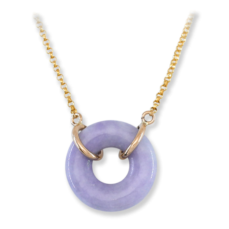 A lavender jade circle pendant necklace on an adjustable 14K yellow gold chain with a small spring ring 
clasp.
jade jewelry, jade stone, jadeite jade, jade for women, and jade carving