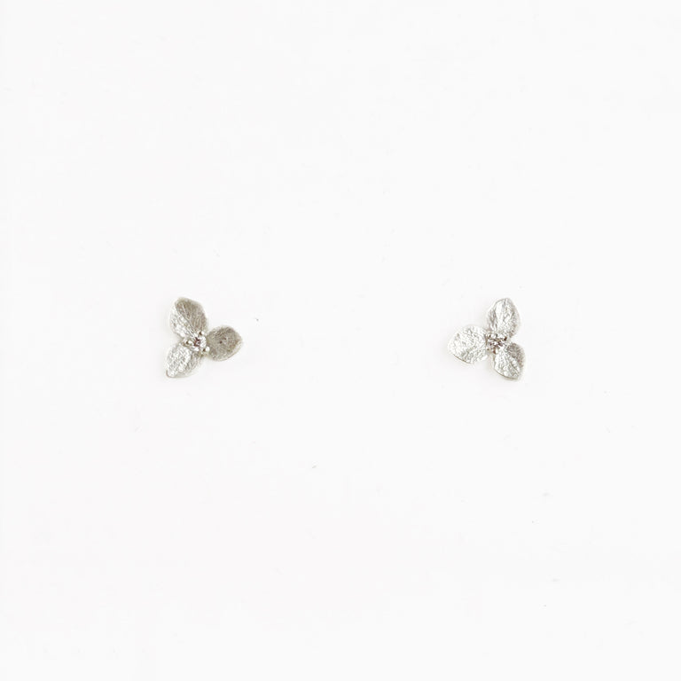 Tiny 3-Petal Hydrangea Blossom Earrings with Diamond