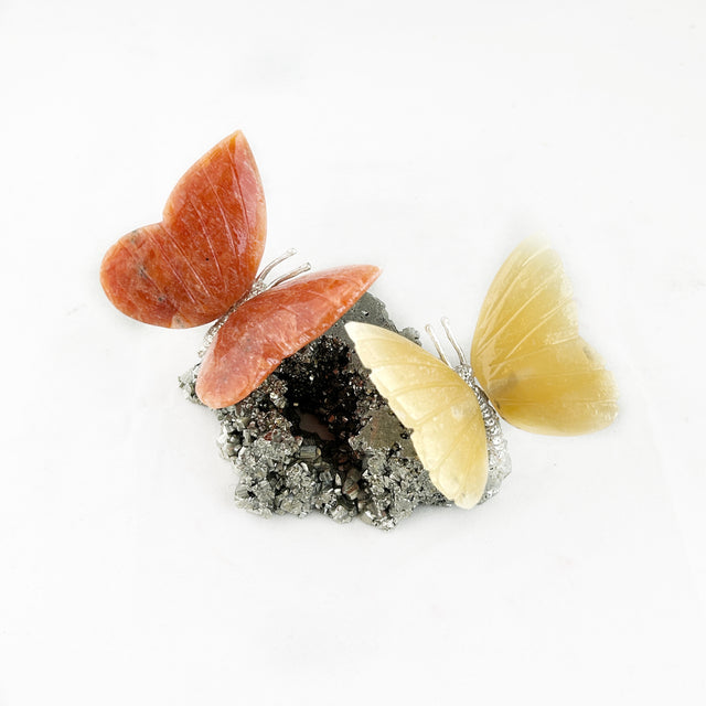 Yellow + Orange Calcite Butterfly Pair with Pyrite