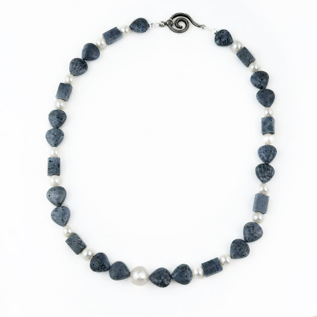 Natural Blue Coral Bead + White Pearl Necklace
