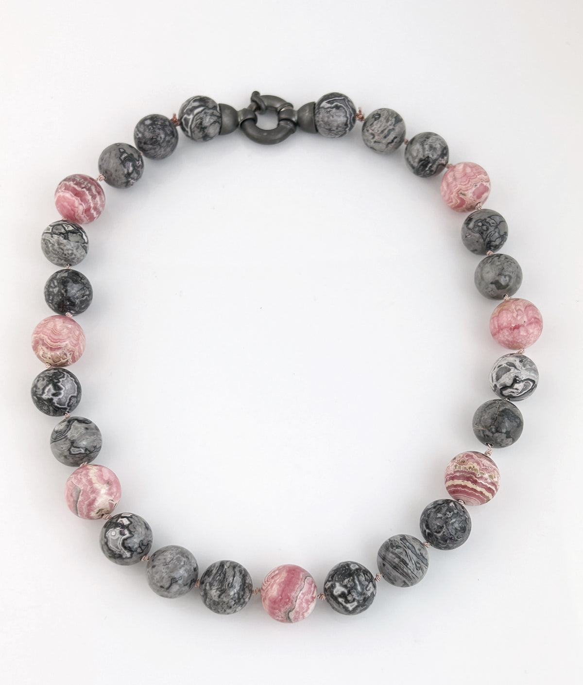 Rhodochrosite + Grey Crazy Agate Bead Necklace