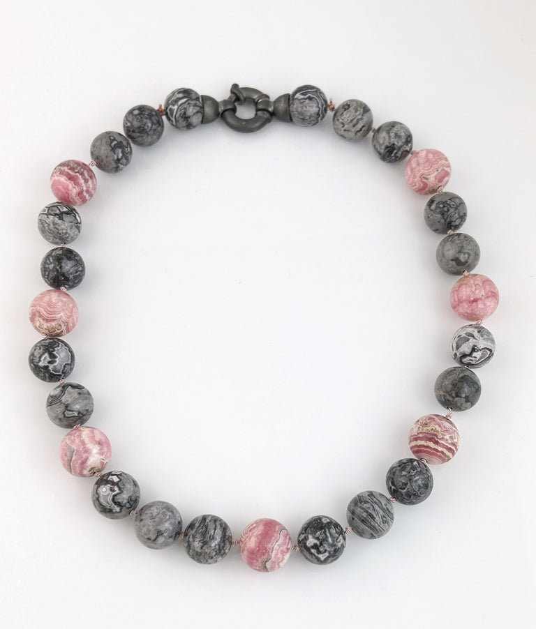 Rhodochrosite +  Grey Crazy Agate Bead Necklace