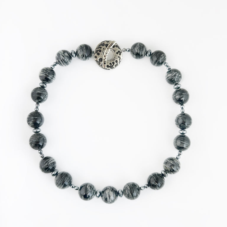 Silver Mist Jasper + Hematite  Bead Necklace