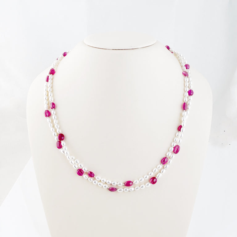 Egg Pearl + Pink Sapphire Bead Rope Necklace