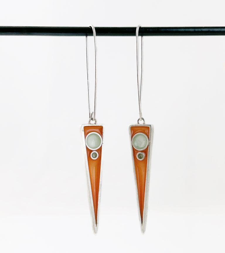 Orange + Grey-Green Triangle Earrings