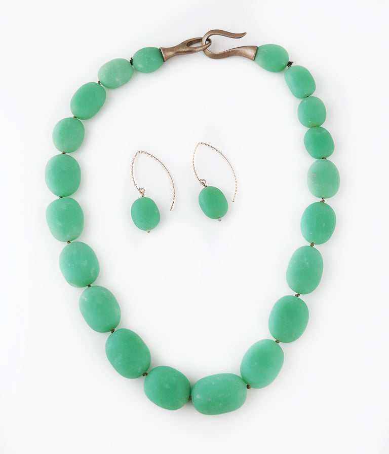 Chrysoprase Ovals Bead Necklace + Earrings Set