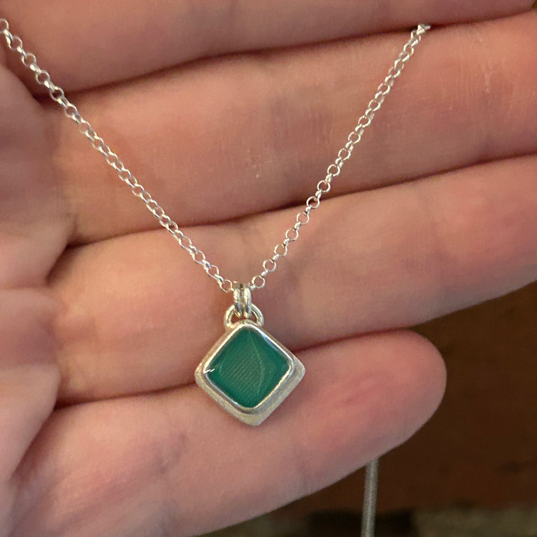 Tiny Teal Enamel Chiclet Pendant Necklace