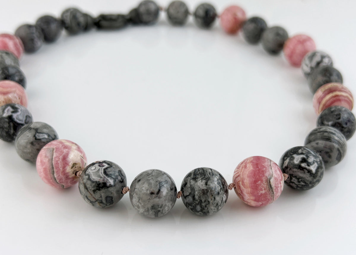 Rhodochrosite + Grey Crazy Agate Bead Necklace