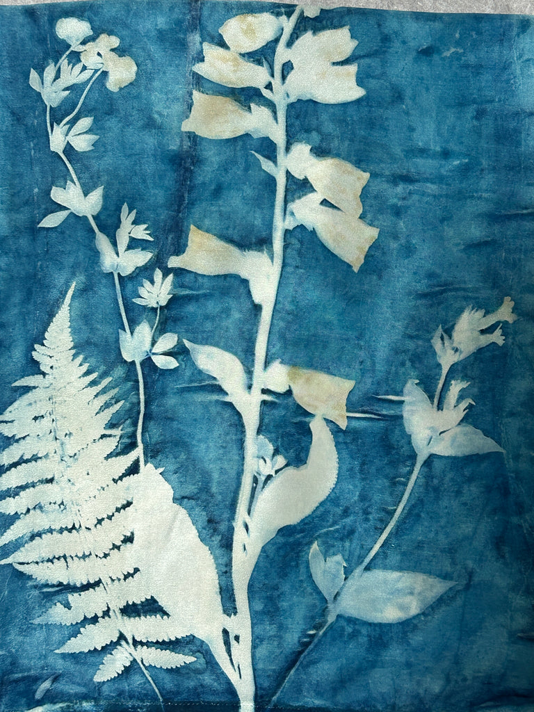 Cyanotype Ferns + Foxgloves Silk Satin Scarf