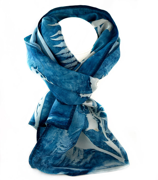 Cyanotype Ferns + Foxgloves Silk Satin Scarf