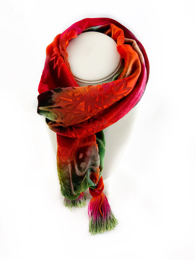 Red-Orange Flowers + Apricots Devoré Velvet Scarf