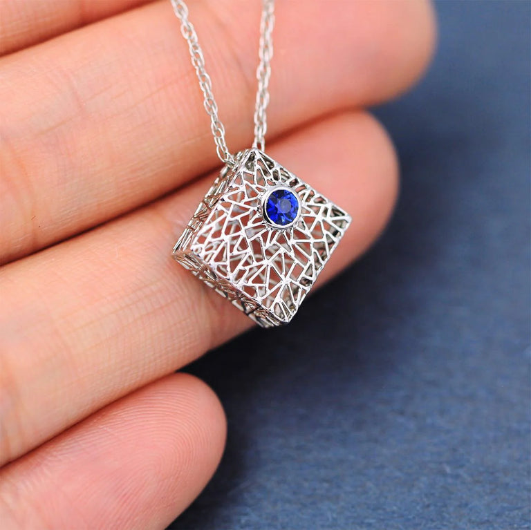 Platinum Box Pendant Necklace with Sapphire