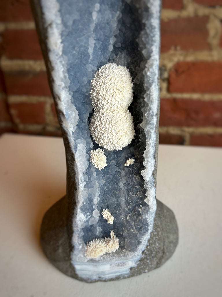 Okenite "Blooms" in Quartz Pillar Geode