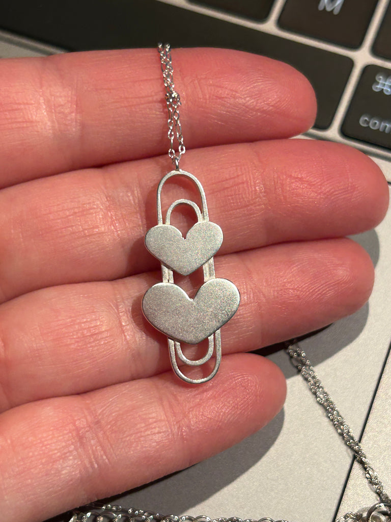 Silver Double Heart + Paperclip Pendant Necklace
