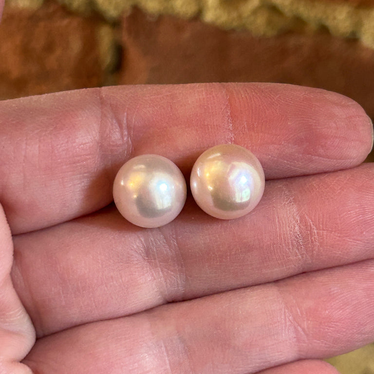 Pale Pink Button Pearl Stud Earrings
