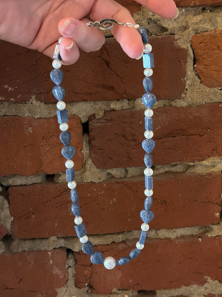 Natural Blue Coral Bead + White Pearl Necklace