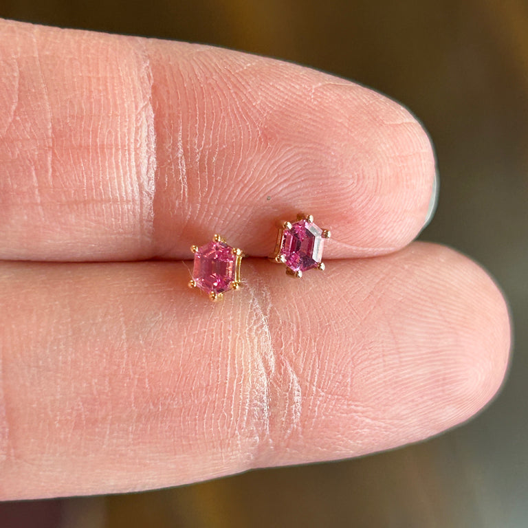 Tiny Pink Sapphire Hexagon Earrings