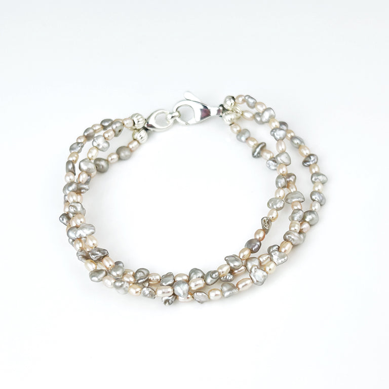 Triple Strand Akoya Keshi & Pink Egg Pearl Bracelet