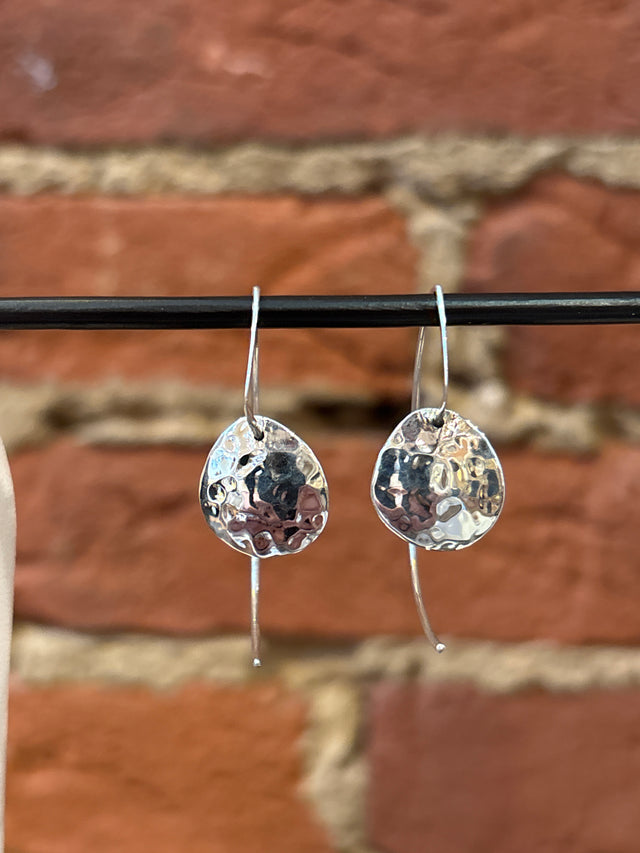 Reverse Half-Hoop Earrings with Hammered Disc Dangle