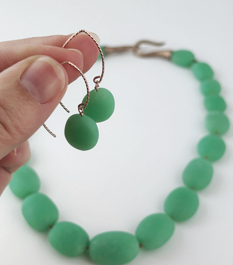 Chrysoprase Ovals Bead Necklace + Earrings Set