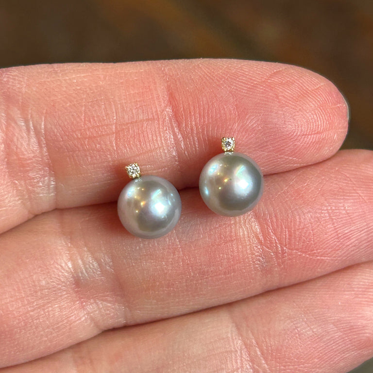 Blue Akoya Pearl + Diamond Stud Earrings