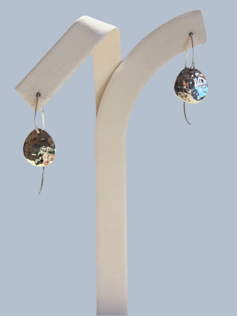 Reverse Half-Hoop Earrings with Hammered Disc Dangle