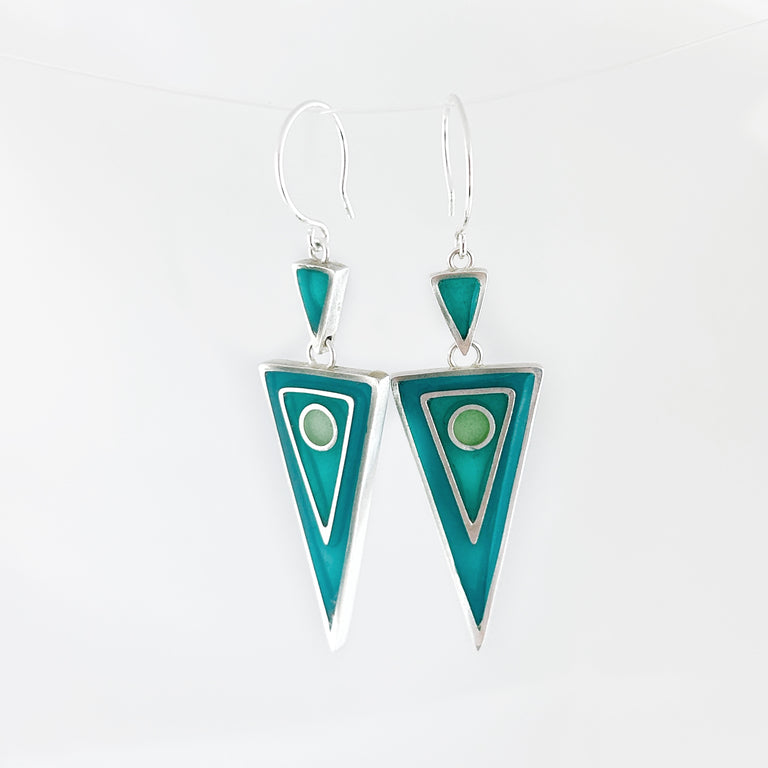 Teal + Turquoise Nesting Circle + Triangles Earrings