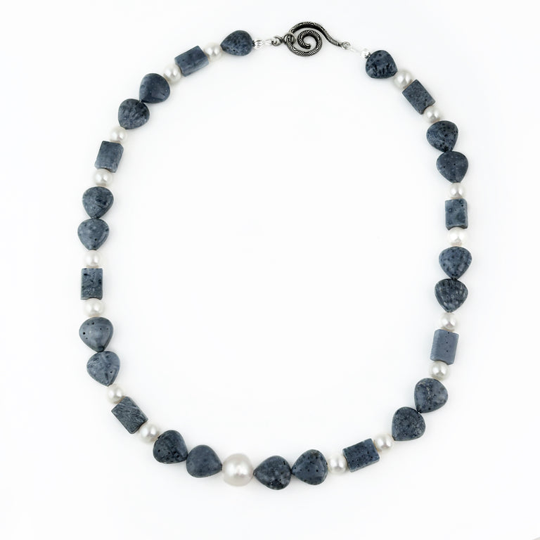 Natural Blue Coral Bead + White Pearl Necklace