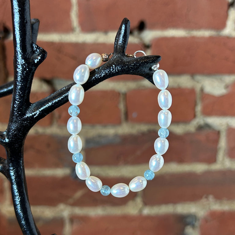 Egg Pearl + Aquamarine Bead Bracelet