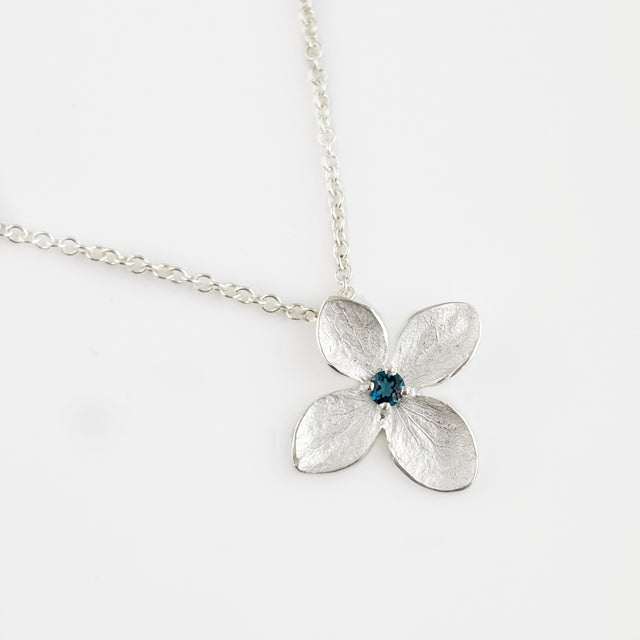 4-Petal Hydrangea Blossom Pendant Necklace with Blue Topaz