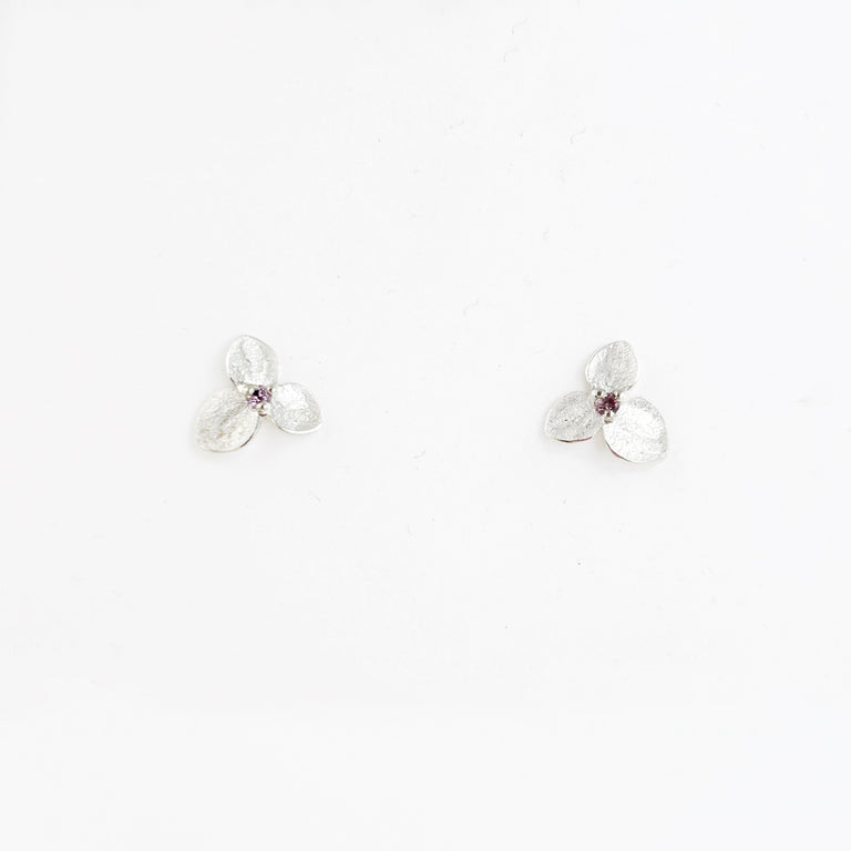 3-Petal Hydrangea Blossom Earrings with Pink Tourmaline