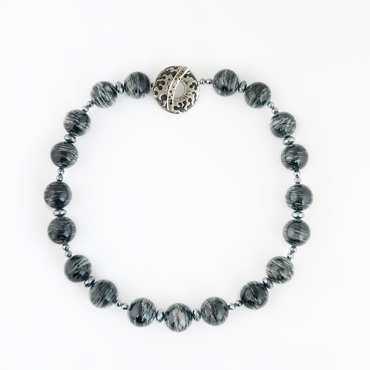 Silver Mist Jasper + Hematite  Bead Necklace