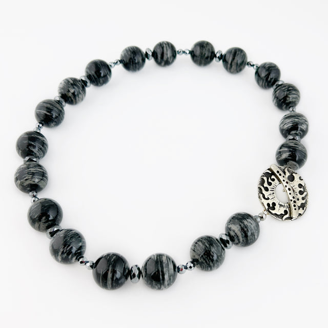 Silver Mist Jasper + Hematite  Bead Necklace