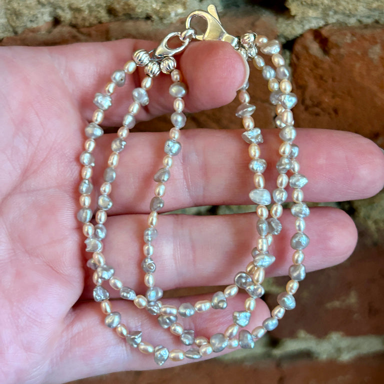 Triple Strand Akoya Keshi & Pink Egg Pearl Bracelet