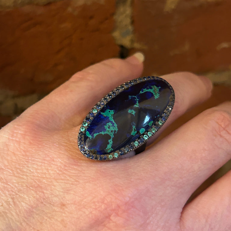 Azurmalachite, Sapphire + Paraiba Tourmaline Ring