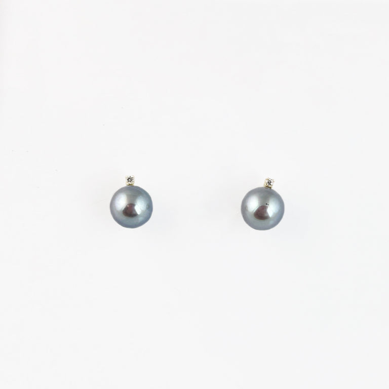 Blue Akoya Pearl + Diamond Stud Earrings