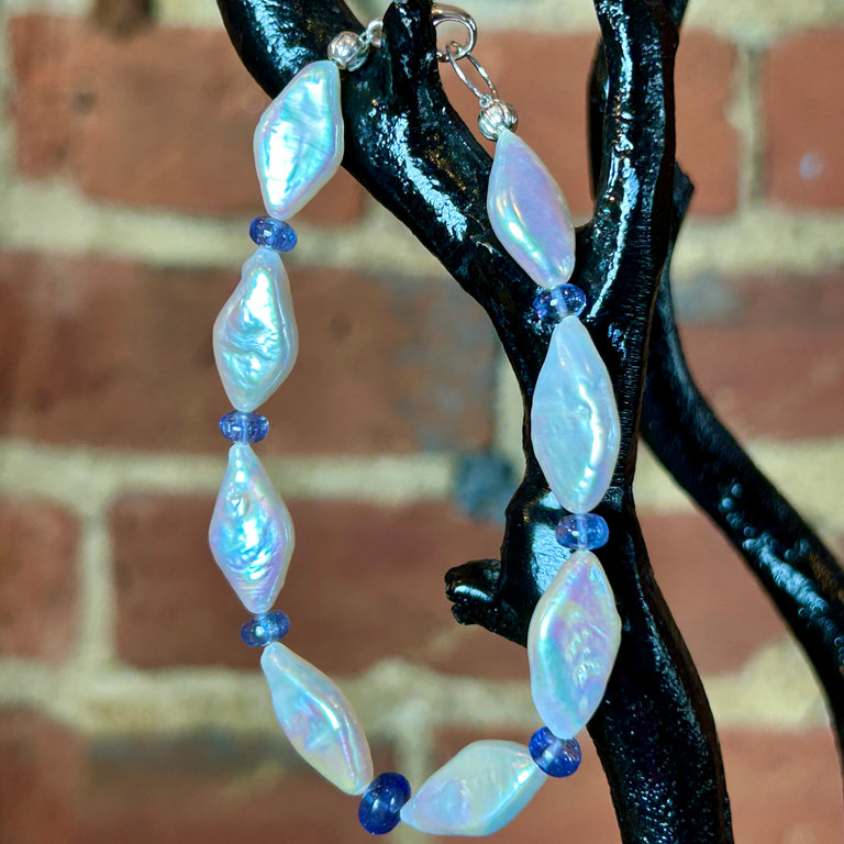 Diamond Shaped Pearl + Tanzanite Bead Bracelet