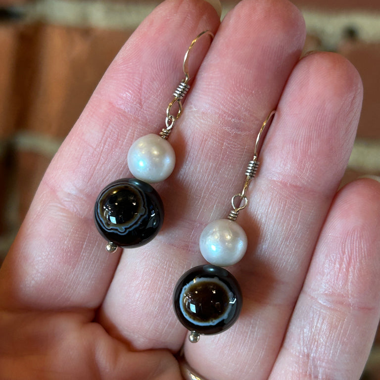 Pearl + Sardonyx Bead Earrings
