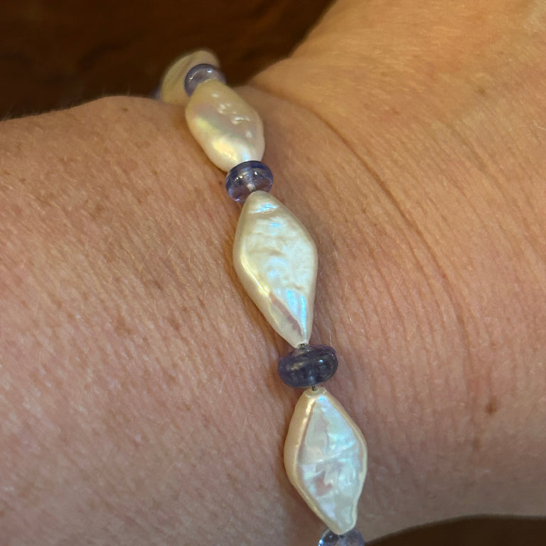 Diamond Shaped Pearl + Tanzanite Bead Bracelet