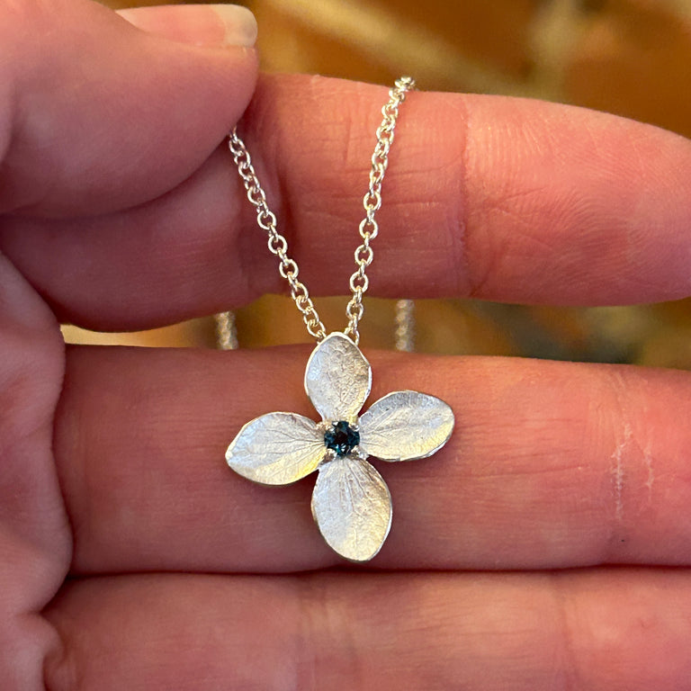 4-Petal Hydrangea Blossom Pendant Necklace with Blue Topaz