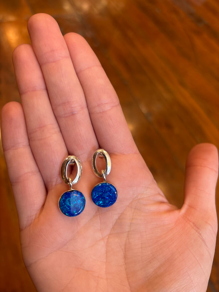 Dark Blue Opal Disc Earrings