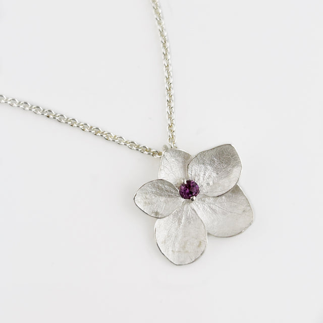 5-Petal Hydrangea Blossom Pendant Necklace with Garnet