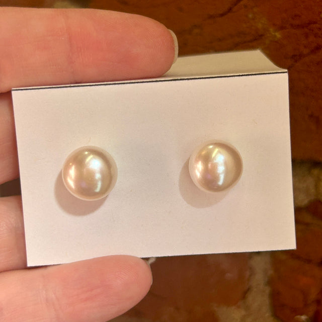 White Freshwater Button Pearl Stud Earrings
