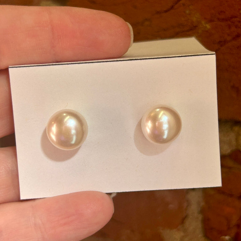 White Freshwater Button Pearl Stud Earrings