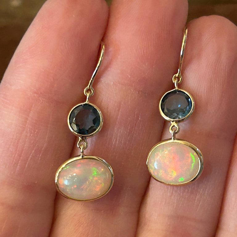 Ethiopian Opal + London Blue Topaz Earrings