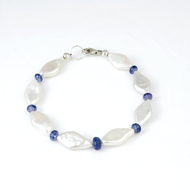 Diamond Shaped Pearl + Tanzanite Bead Bracelet