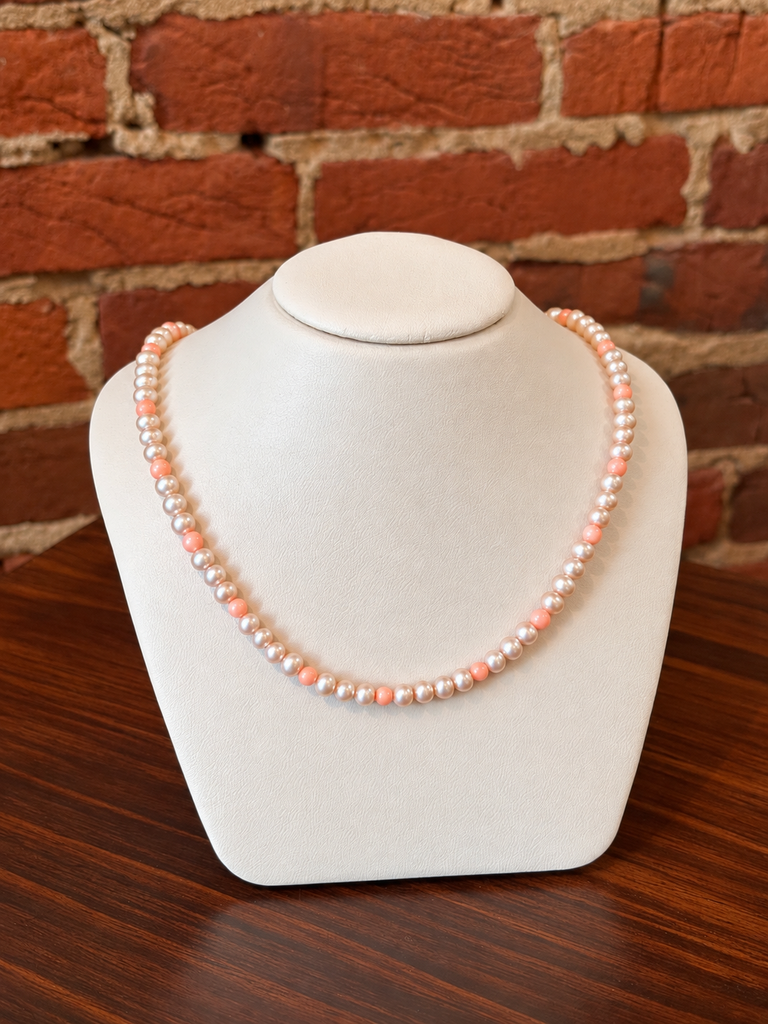 Pink Pearl + Salmon Pink Coral Bead Necklace