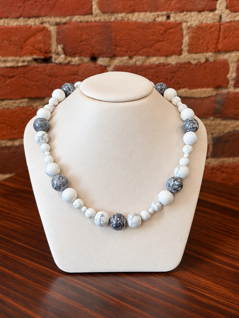 White Howlite + Grey Crazy Lace Agate Bead Necklace