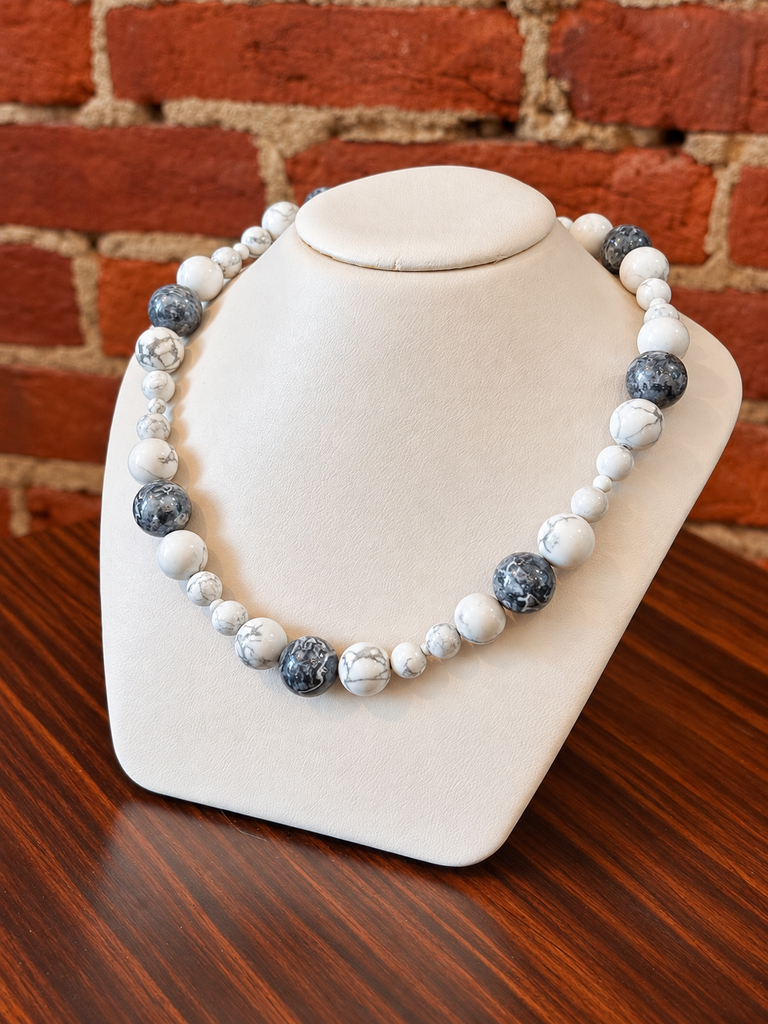 White Howlite + Grey Crazy Lace Agate Bead Necklace